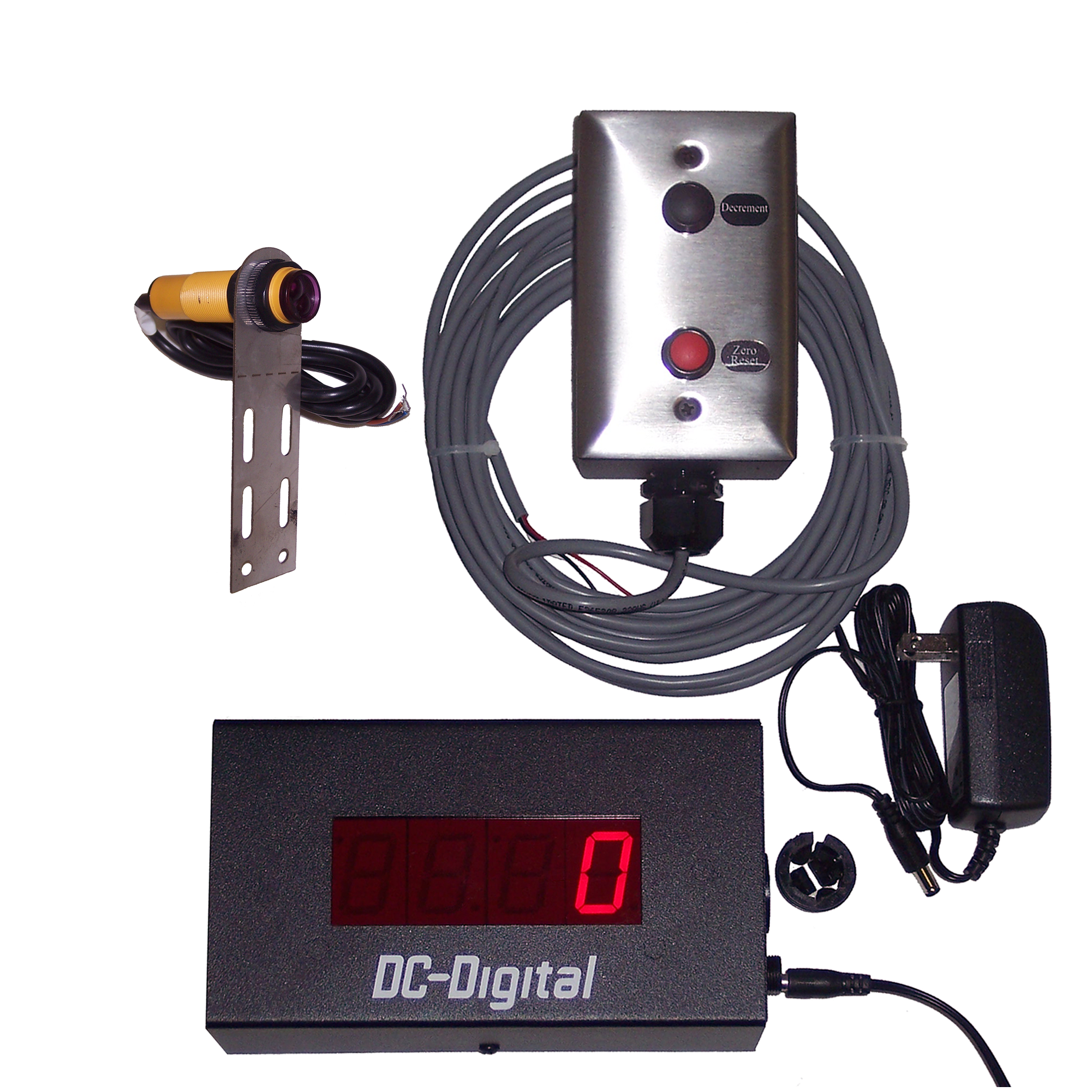 (DC-10C-PKG-SHRT) 1.0 Inch LED Digital Counter, Diffused Reflective Sensor (10 Inch Range) and Mount, and 2-Environmentally Sealed Push-Buttons with Junction Box and 25Ft. of Cabling (SW-RMSS-2-RED-BLK) "Ships FREE !"