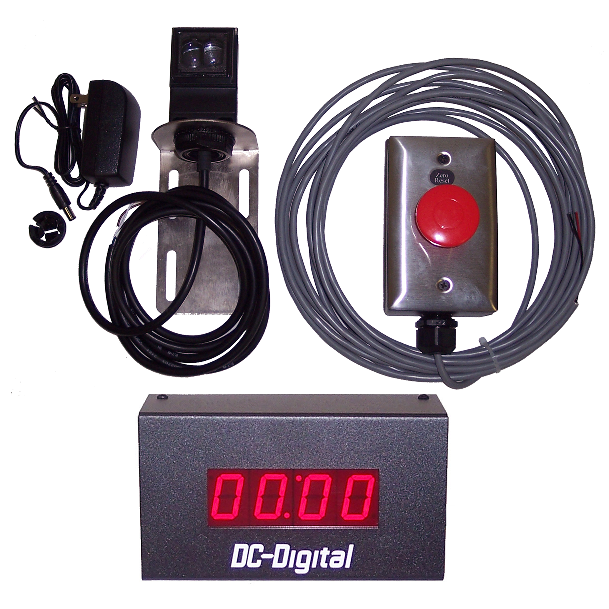 (DC-10T-UP-PKG) 1.0 Inch LED Digital, Process Count Up Timer Package, Includes: Long Range Diffused Photo-Reflective Sensor and Mount (adj. to 10 Feet), 40mm Reset Palm Switch (J-Box, Stainless Cover, 25ft. Cabling) and Power Supply "Ships FREE !"