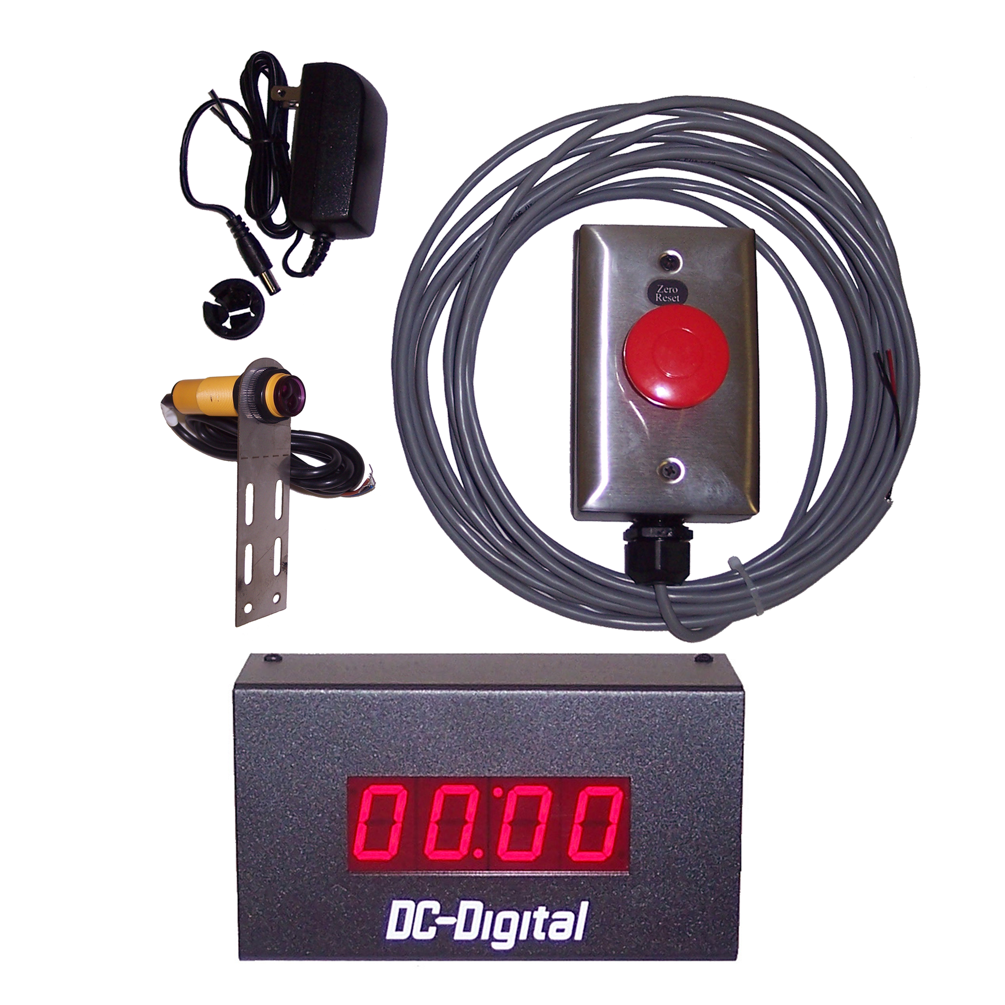 (DC-10T-UP-PKG-SHRT) 1 Inch LED Digital, Process Count Up Timer Package, Includes: Short Range Diffused Photo-Reflective Sensor and Mount (adj. to 10 Inches), 40mm Reset Palm Switch (J-Box, Stainless Cover, 25ft. Cabling) and Power Supply "Ships FREE !"