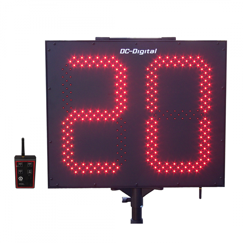 (DC-152T-DN-W-PITCH-INNING) Portable, 15.0 Inch LED Digit, Battery Operated, Digital Pitch or Inning Countdown Timer with RF-Wireless Handheld Remote Controller, Carrying handle, Tripod with Mount and Battery Charger (OUTDOOR)