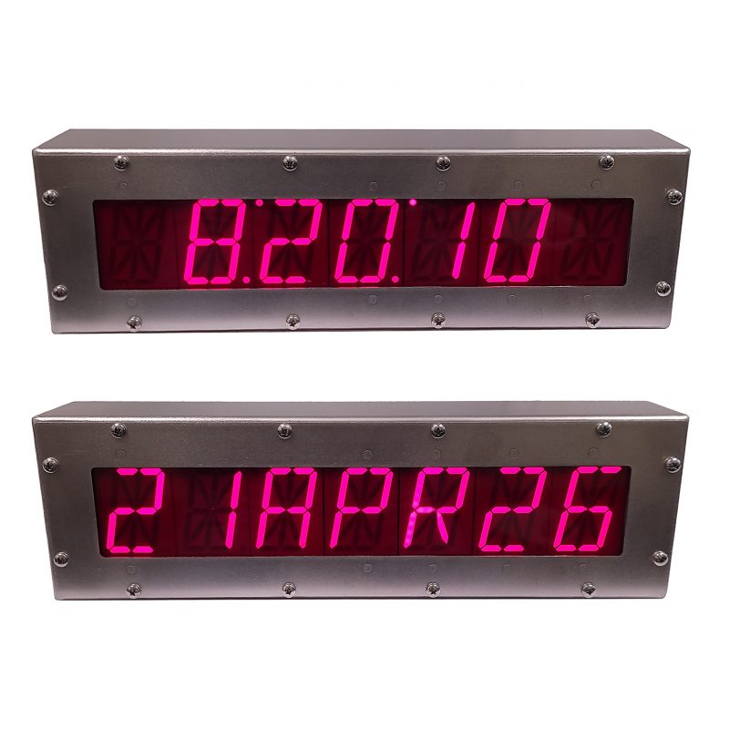 (DC-257ALN-Date-Time-POE-Stainless) Network NTP Date and Time of Day (HH:MM:SS) Cleanroom Clock, Web Page Configurable, 2.3 Inch, 7- Alphanumeric Digits, POE Powered, Atomic, 316L Flush Mount Stainless IP-66 Desk Mount Enclosure