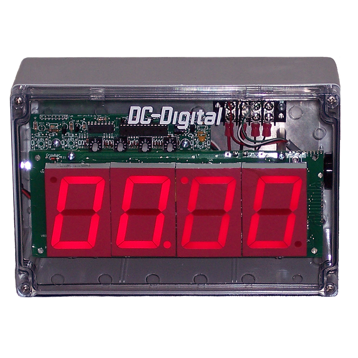 (DC-25T-DN-BCD-NEMA) 2.3 Inch LED Digital, BCD Rotary Set Switches, Multi-Input (PLC-Relay-Switch-Sensor) Controlled, Countdown Timer, Nema 4X,6,6P,12,12K,13, IP-66 Enclosure