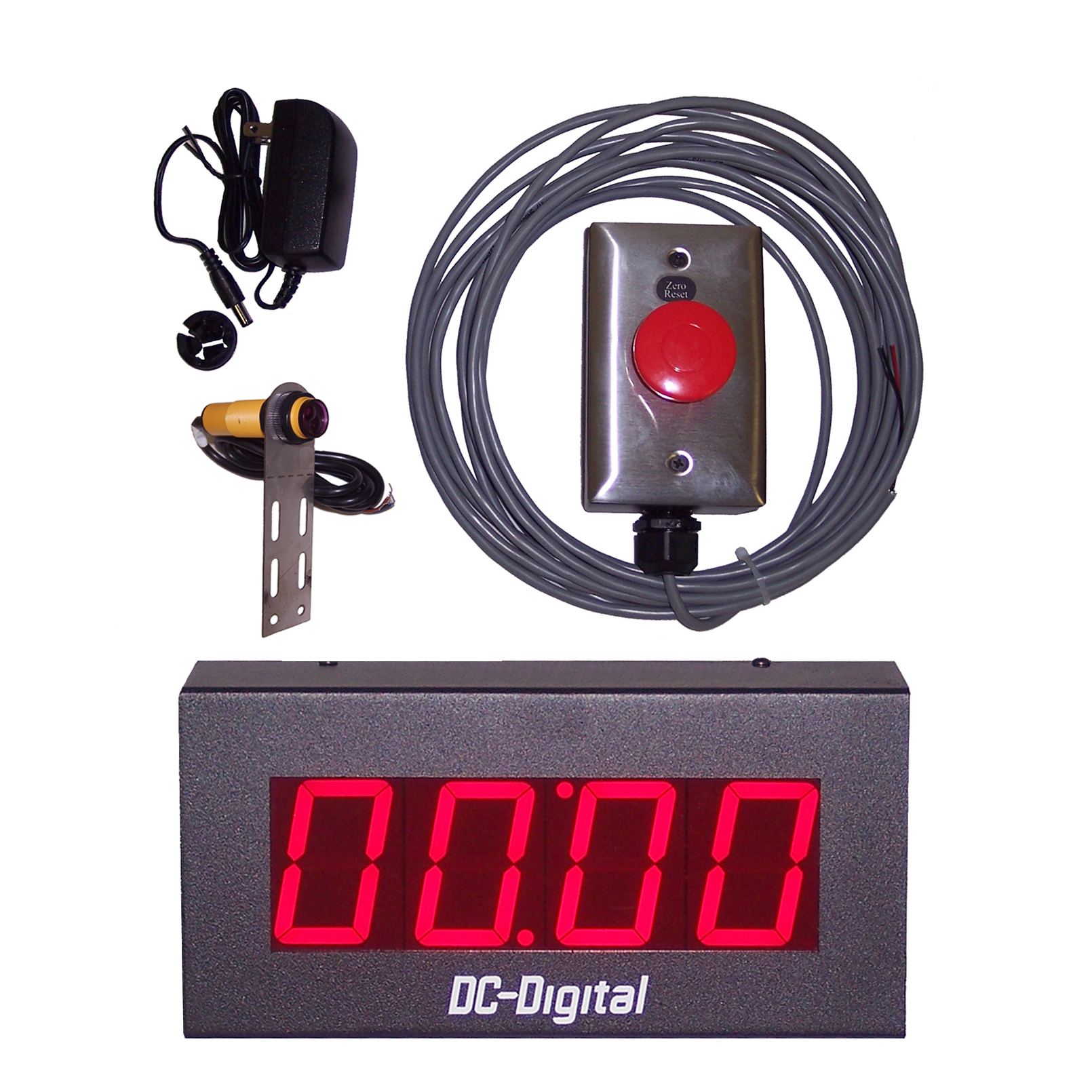 (DC-25T-UP-PKG-SHRT) 2.3 Inch LED Digital, Process Count Up Timer Package, Includes: Short Range Diffused Photo-Reflective Sensor and Mount (adj. to 10 Inches), 40mm Reset Palm Switch (J-Box, Stainless Cover, 25ft. Cabling) and Power Supply "Ships FREE !"