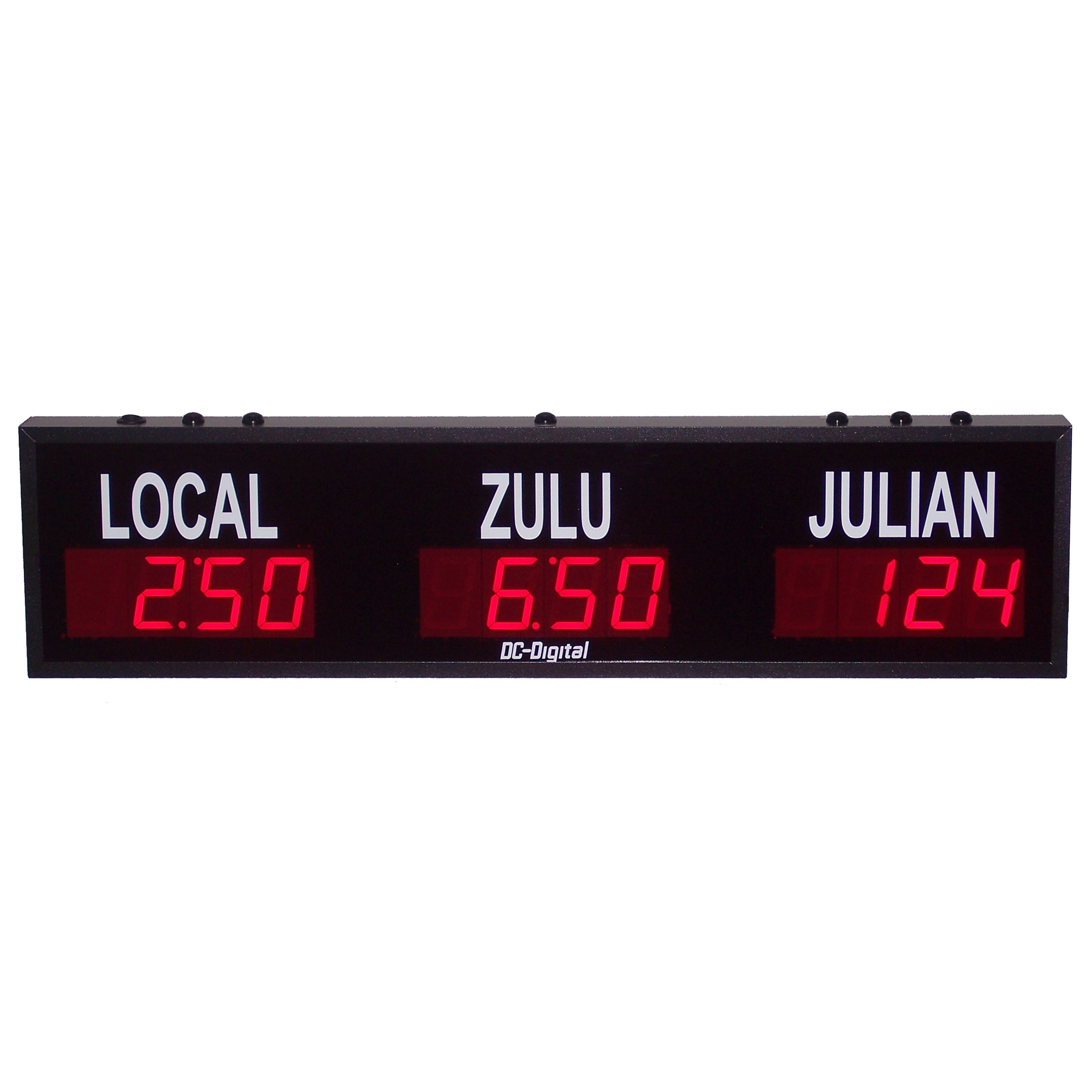 (DC-25TZ-2+Julian) 2- Zone + Julian Days, Customer Specific Vinyl Lettering, 2.3 inch Digit, World Time Zone Clocks