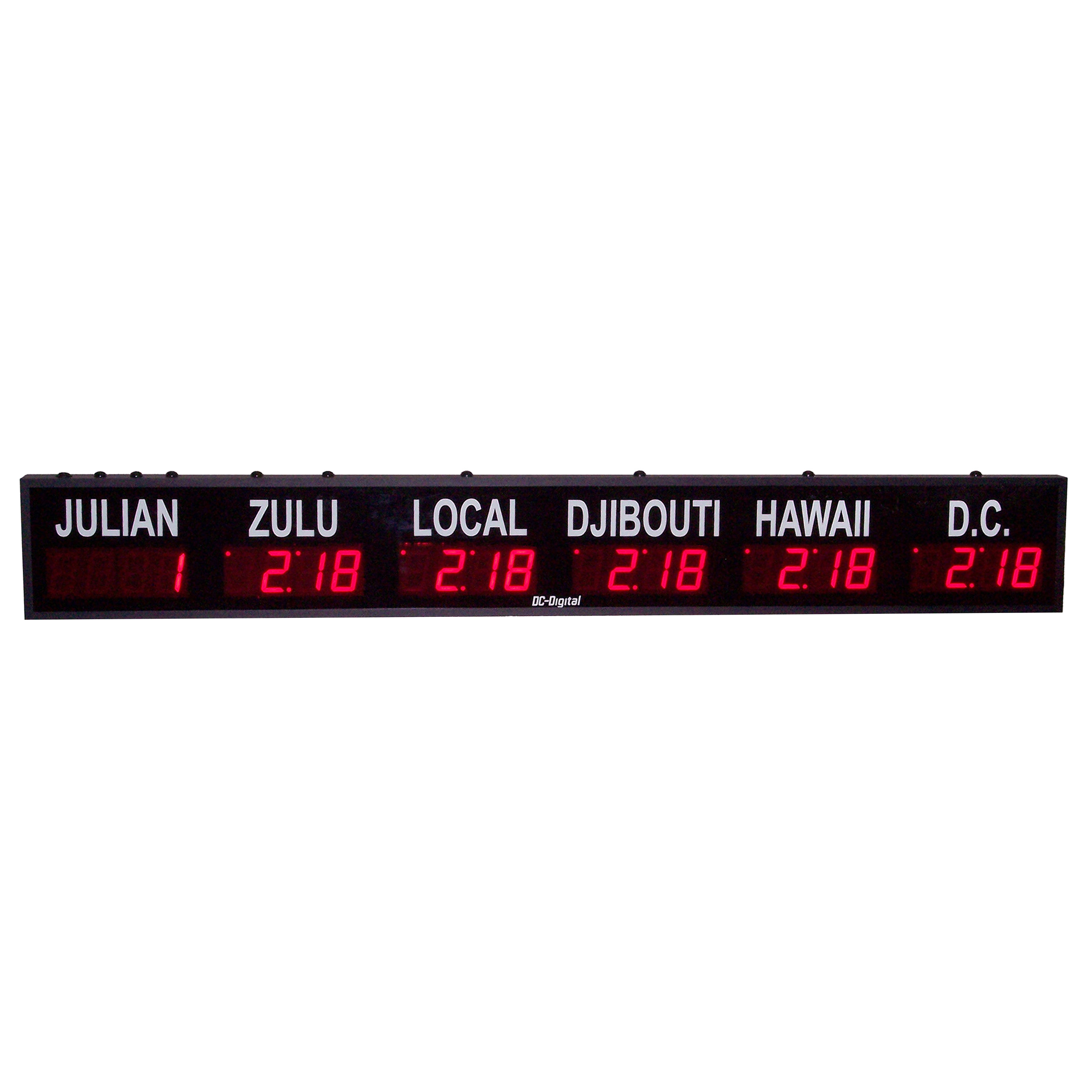 (DC-25TZ-5+Julian) 5- Zone + Julian Days, Customer Specific Vinyl Lettering, 2.3 inch Digit, World Time Zone Clocks