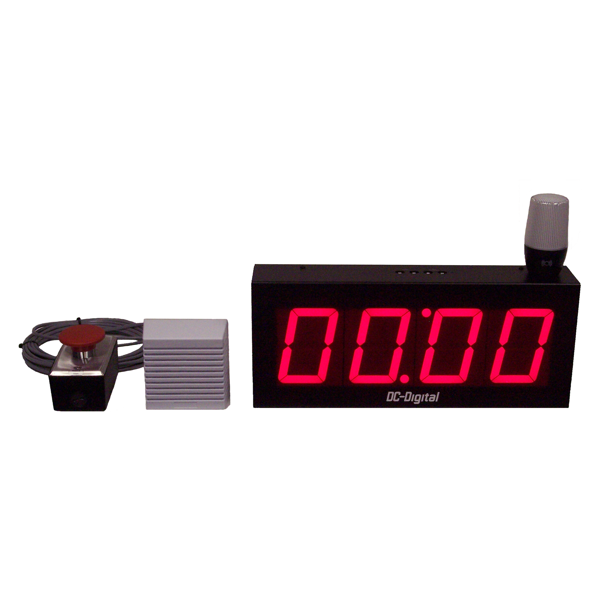 (DC-40T-UP-BCD-ANDON-HORN-WR) BCD Rotary Switch Threshold Set, 4.0 Inch LED Digital, Process Count Up Timer Package, Multi-Color ANDON Light (Flashes RED, Standard), High Output Horn, 60mm RED Reset and Start Palm Switch (J-Box, Stainless Cover, 25ft. Cabling) and Power Supply