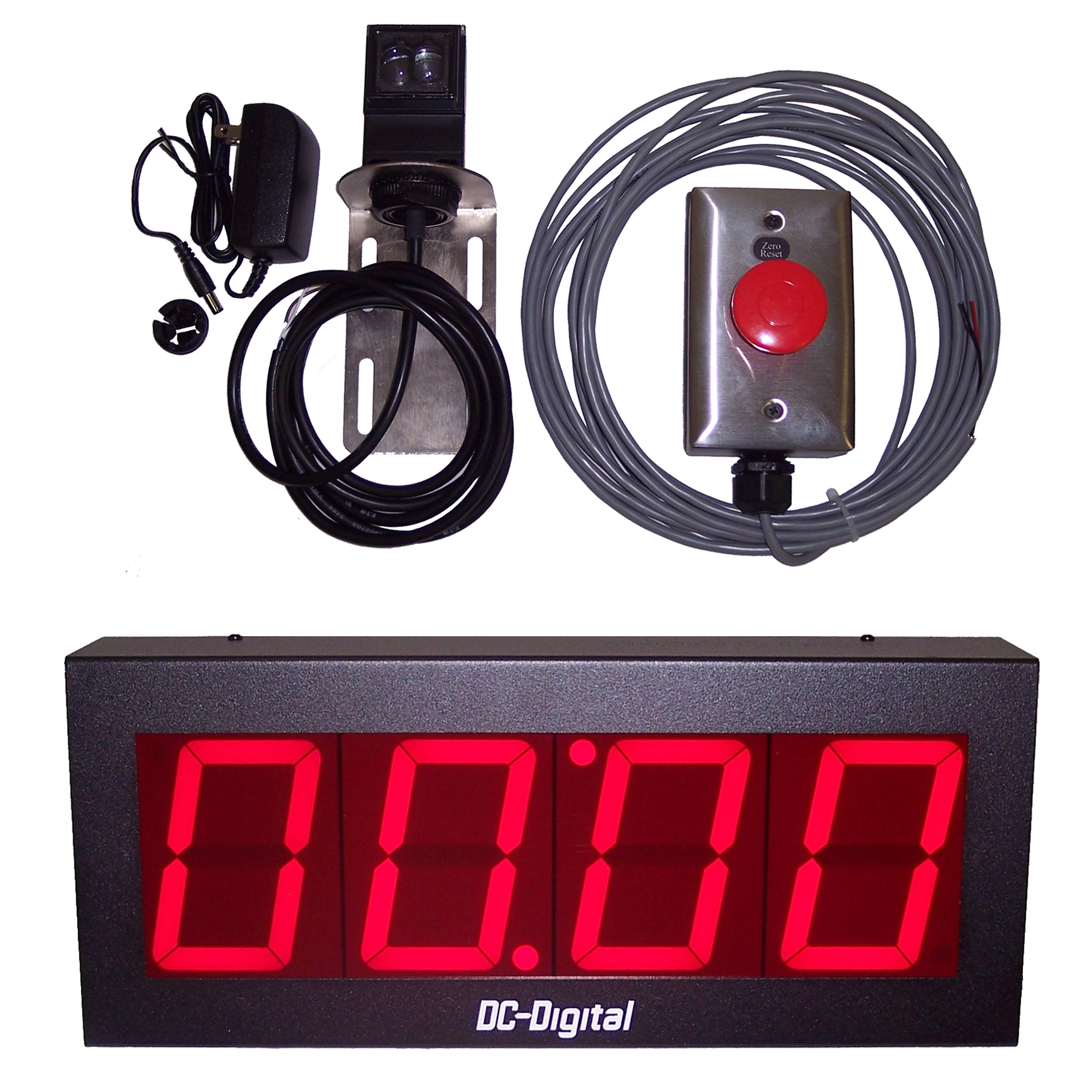 (DC-40T-UP-PKG) 4.0 Inch LED Digital, Process Count Up Timer Package, Includes: Long Range Diffused Photo-Reflective Sensor and Mount (adj. to 10 Feet), 40mm Reset Palm Switch (J-Box, Stainless Cover, 25ft. Cabling) and Power Supply "Ships FREE !"