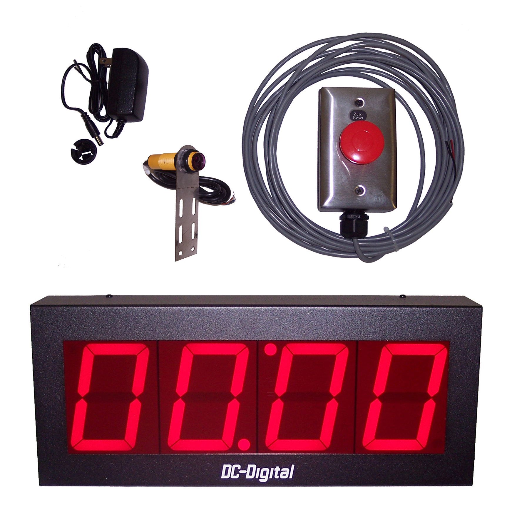 (DC-40T-UP-PKG-SHRT) 4.0 Inch LED Digital, Process Count Up Timer Package, Includes: Short Range Diffused Photo-Reflective Sensor and Mount (adj. to 10 Inches), 40mm Reset Palm Switch (J-Box, Stainless Cover, 25ft. Cabling) and Power Supply "Ships FREE !"