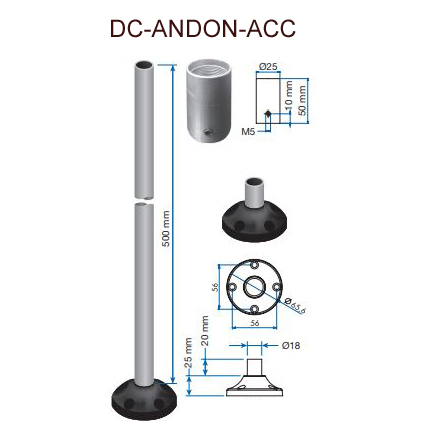 (DC-ANDON-ACC) Pole Connection Accessories for ANDON Light Tower. ANDON Coupler, 500mm Pole, and Mounting Boot