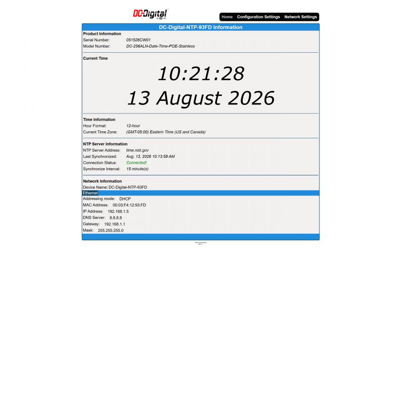 (DC-Bronze-Date-Time-NTP-Version) On-Board Web-Page for Network NTP Synchronization Time of Day & Date Network Clocks (DC-Bronze-Date-Time-NTP-Version) On-Board Web-Page for Network NTP Synchronization Time of Day & Date Network Clocks