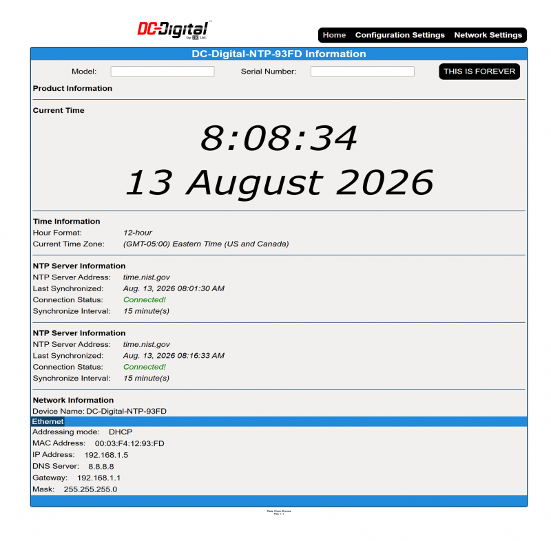 (DC-Bronze-Date-Time-NTP-Version) On-Board Web-Page for Network NTP Synchronization Time of Day & Date Network Clocks