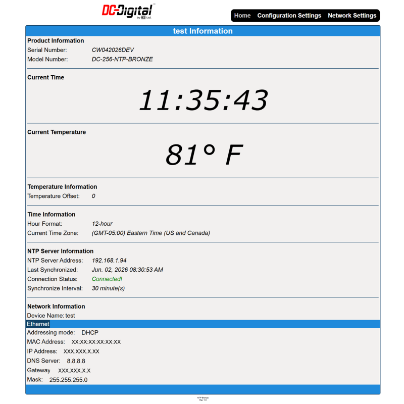 (DC-Bronze-NTP-Time-Temp-Firmware) On-Board Web-Page for Network NTP Time of Day and Temperature Clocks