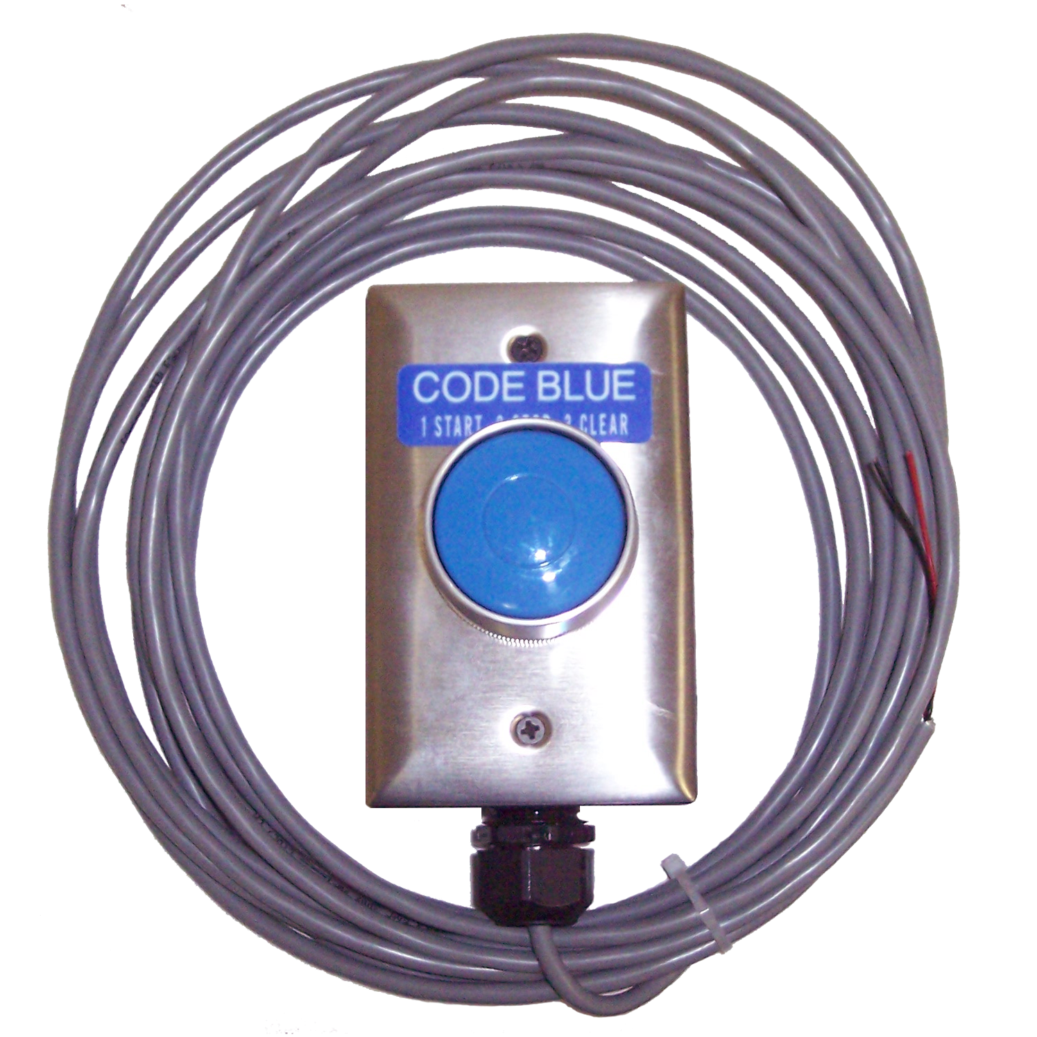 (SW-1-CODE-BLUE-25) 1 Heavy Duty Momentary Actuation 40mm Shrouded Code  Blue Palm Switch mounted in a Stainless Steel Plate and Junction Box with 