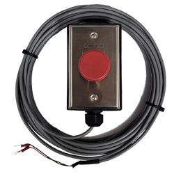 (SW-1-HD-RED-STAINLESS) 1-Heavy Duty Momentary Actuation 40mm Palm Switch mounted in a Stainless Steel Plate and Junction Box with 25Ft. of Cable