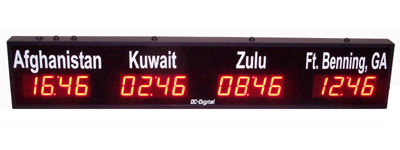 Four Time Zones, Four Zone Clock, World Time Display, Military Time Clock, Wide Viewing Angle, Military Operations Clock, Control Room Clock, LED Time Display, Aluminum Clock Enclosure