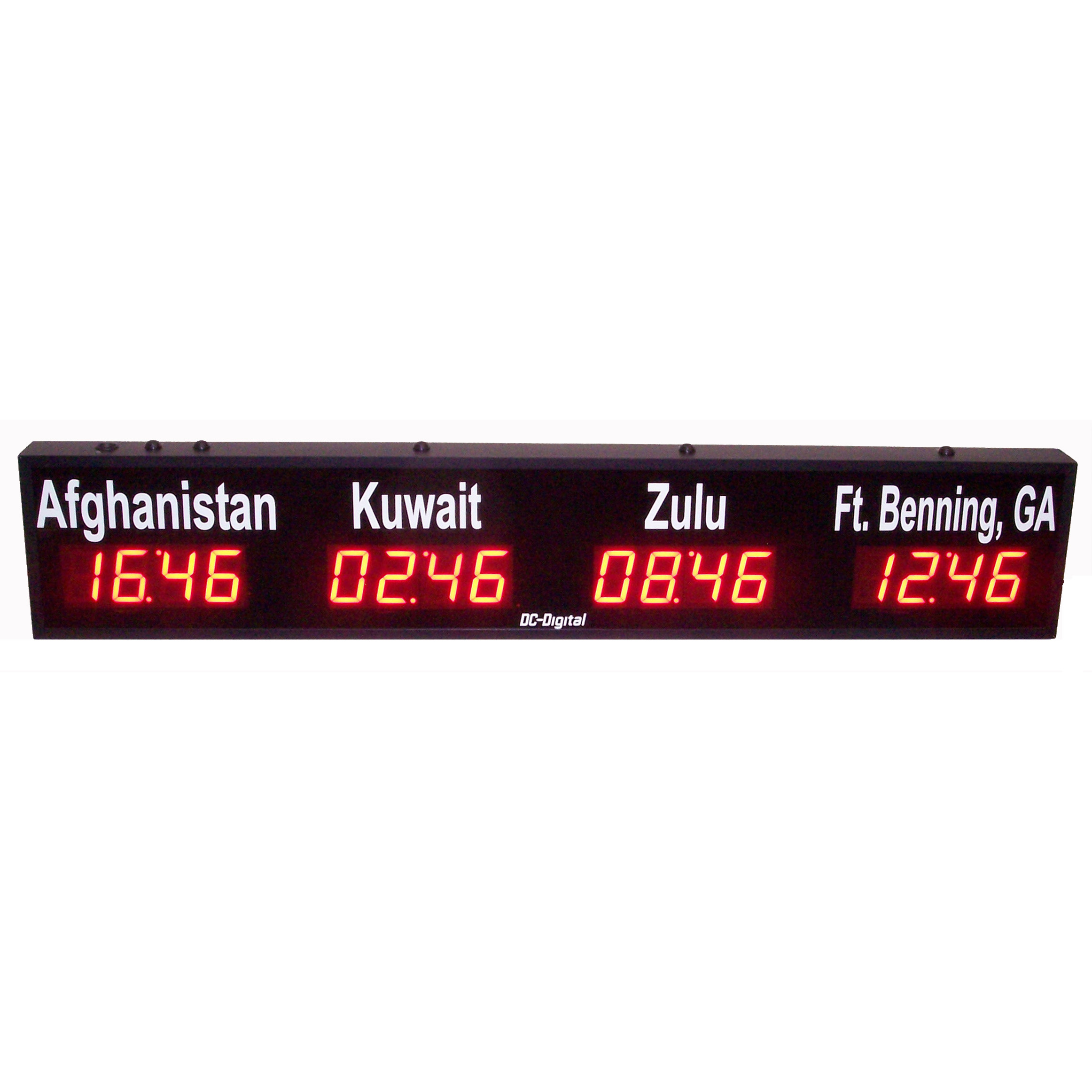 Multi-Zone Clock, World Clock Display, Synchronized Clocks, 4 Zone Display, Commercial Clock System, Security Operations Clock, Command Center Clock, Time Synchronization, Made in USA Clock