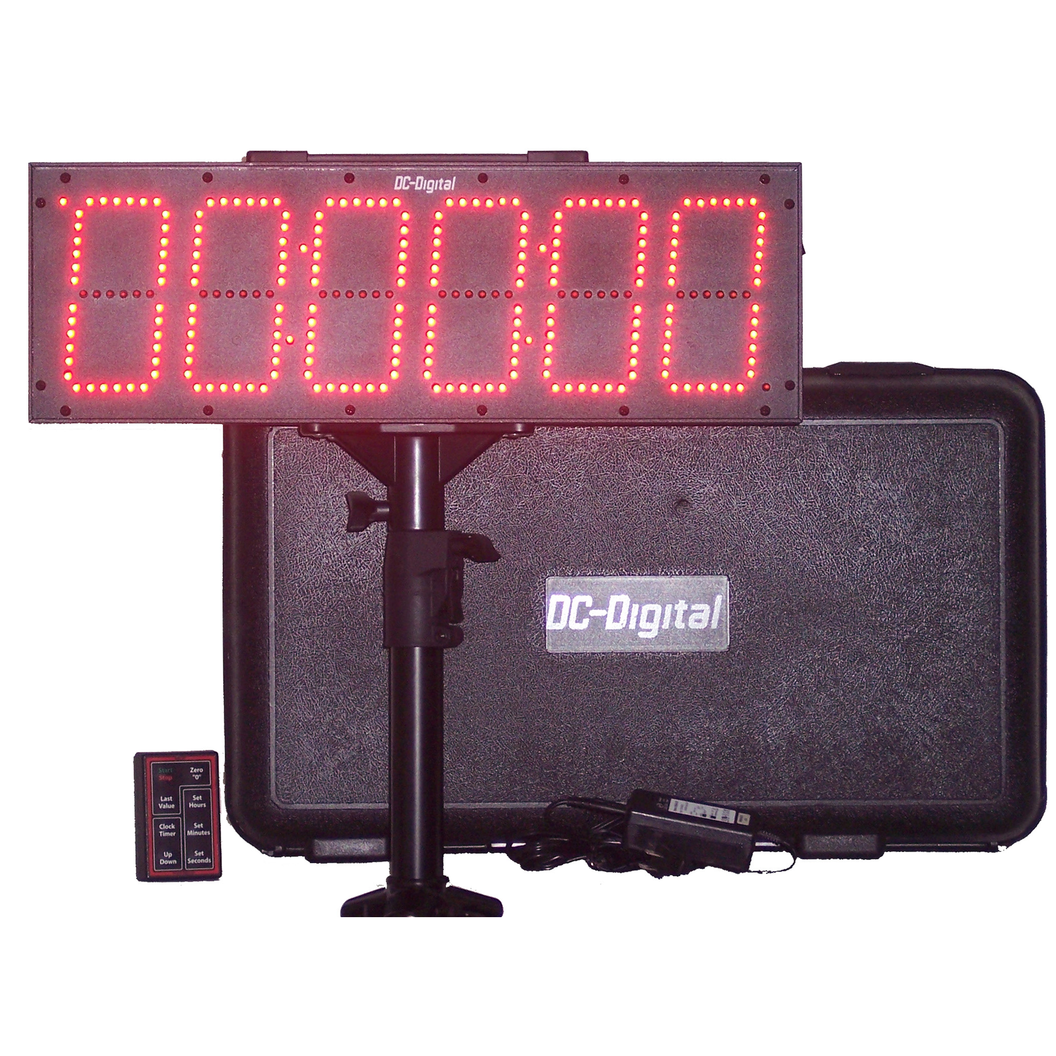 Portable 6 inch led, 6 digit, hours, minutes and seconds, Sports timer counts up counts down and time of day , wireless-ly controlled battery operated