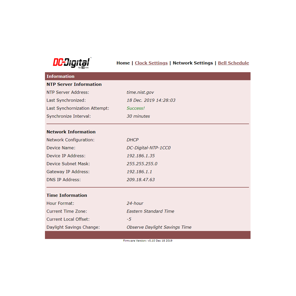 Web page clock settings for DC-Digital clocks