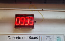 DC-Digital, time of day, network, POE, synchronized clock, cheese factory, hallway, department board, clock-in, white board
