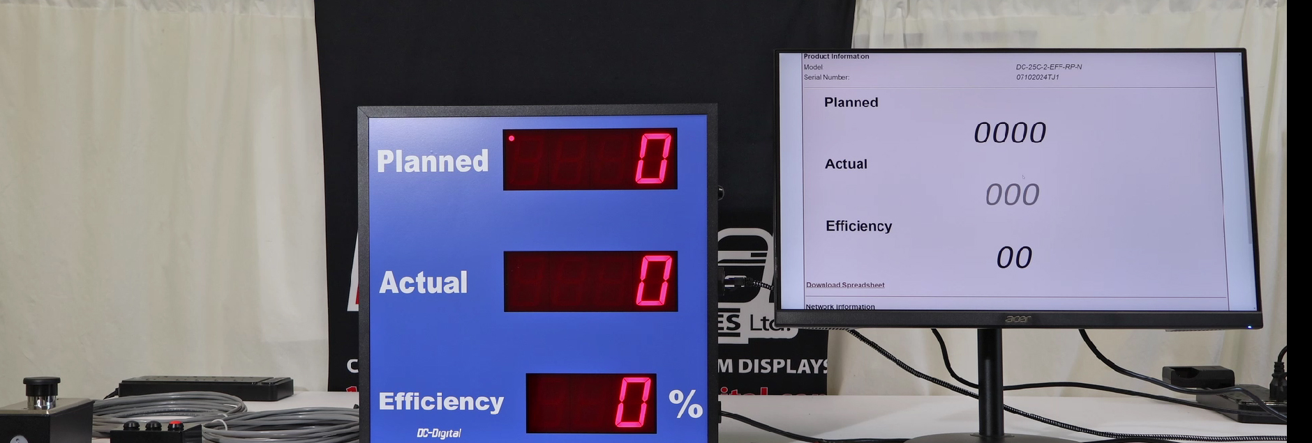 DC-Digital, Efficiency Production Counter, Planned, Actual, Blue Front Cover, 2.3 inch Digit LED, White Table, Environmental Sealed Switch, 40 mm palm switch,24 VDC, Computer Screen, 25 feet of wire