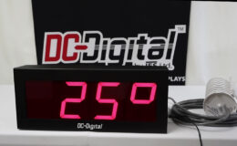 DC-Digital, Temperature Display, Indoor Farmhouse, White Table, 4 inch display, Plug N Play, Aluminum Enclosure, Black Powder Coated, Plants, Meats, Organics, Vegetables, Outdoor Temperature