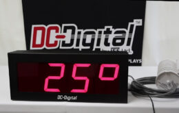 DC-Digital, Temperature Display, Indoor Farmhouse, White Table, 4 inch display, Plug N Play, Aluminum Enclosure, Black Powder Coated, Plants, Meats, Organics, Vegetables, Outdoor Temperature