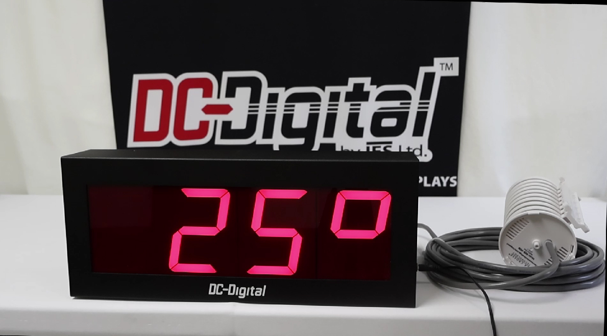 DC-Digital, Temperature Display, Indoor Farmhouse, White Table, 4 inch display, Plug N Play, Aluminum Enclosure, Black Powder Coated, Plants, Meats, Organics, Vegetables, Outdoor Temperature