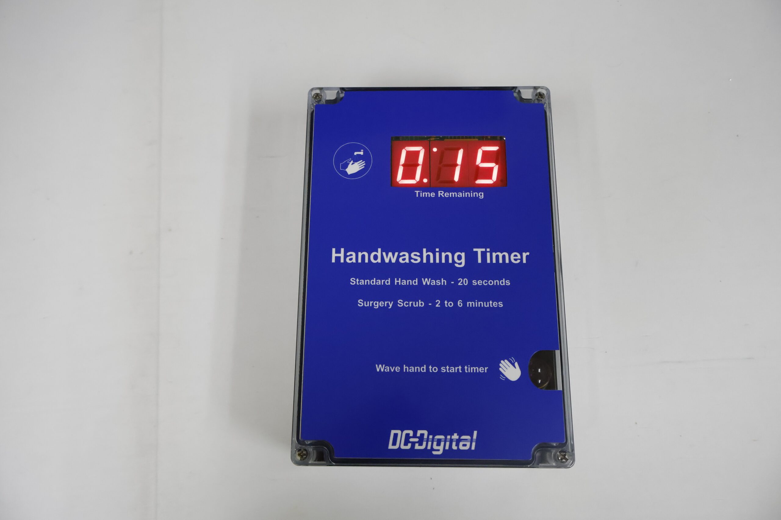 DC-Digital. Handwashing, Countdown, Portable, Hospital, Cleanroom, Diffused Reflective Area Sensor, White Table, 10 inch display