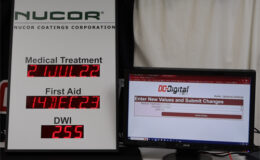 Safety scoreboard and computer showing the network webpage of the dates and days since last incident accident first aid medical treatment