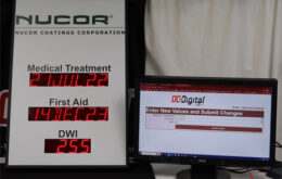 Safety scoreboard and computer showing the network webpage of the dates and days since last incident accident first aid medical treatment