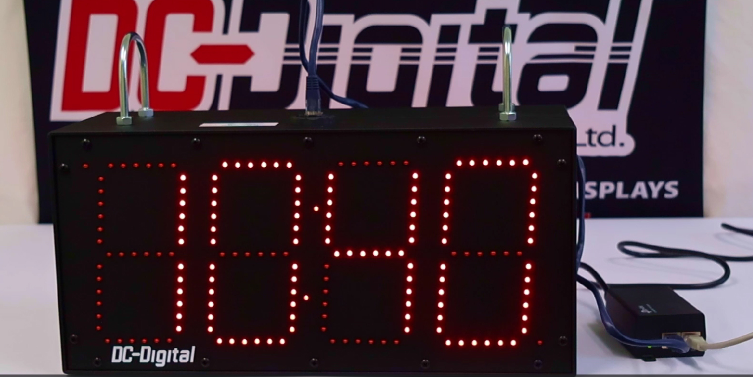 DC-Digital, DC-60N-IN, Double Sided Factory Clock, Network Time of Day Clock, Atomic Time Display, Industrial Network Synchronization, POE Network Clock, manufacturing plant digital clock solution, Ethernet powered factory time display