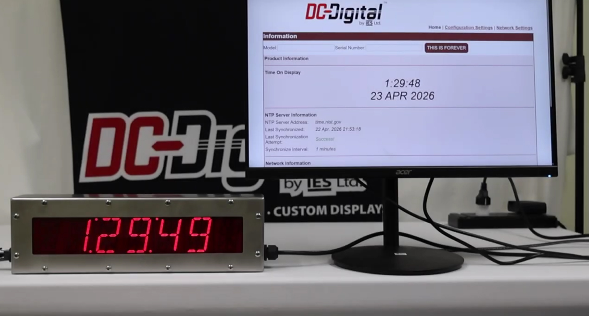 NTP Clock, Web Configurable Clock, Atomic Time Clock, Pharmaceutical Clock Display, Static IP Clock System, Stainless Enclosure Display, DHCP Enabled Clock, Custom Built to Order Clock